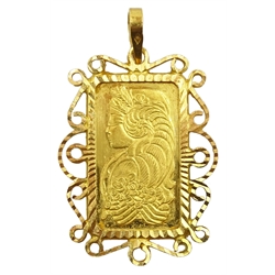 Suisse 5g Fine gold 999.9 Lady Fortuna ingot, loose mounted in 22ct gold open work pendant