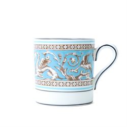 Extensive Wedgwood Turquoise Florentine part service tea, dinner and coffee service for six covers comprising six dinner plates, six dessert plates, six soup bowls and stands, pair of vegetable dishes and covers, gravy boat ad stand, oval meat plates, six tea cups and saucers, six coffee cans and saucers, six tea plates, teapot, coffee pot, sucrier and cover, sugar bowl, milk and cream jugs and cake plate, 72 pieces