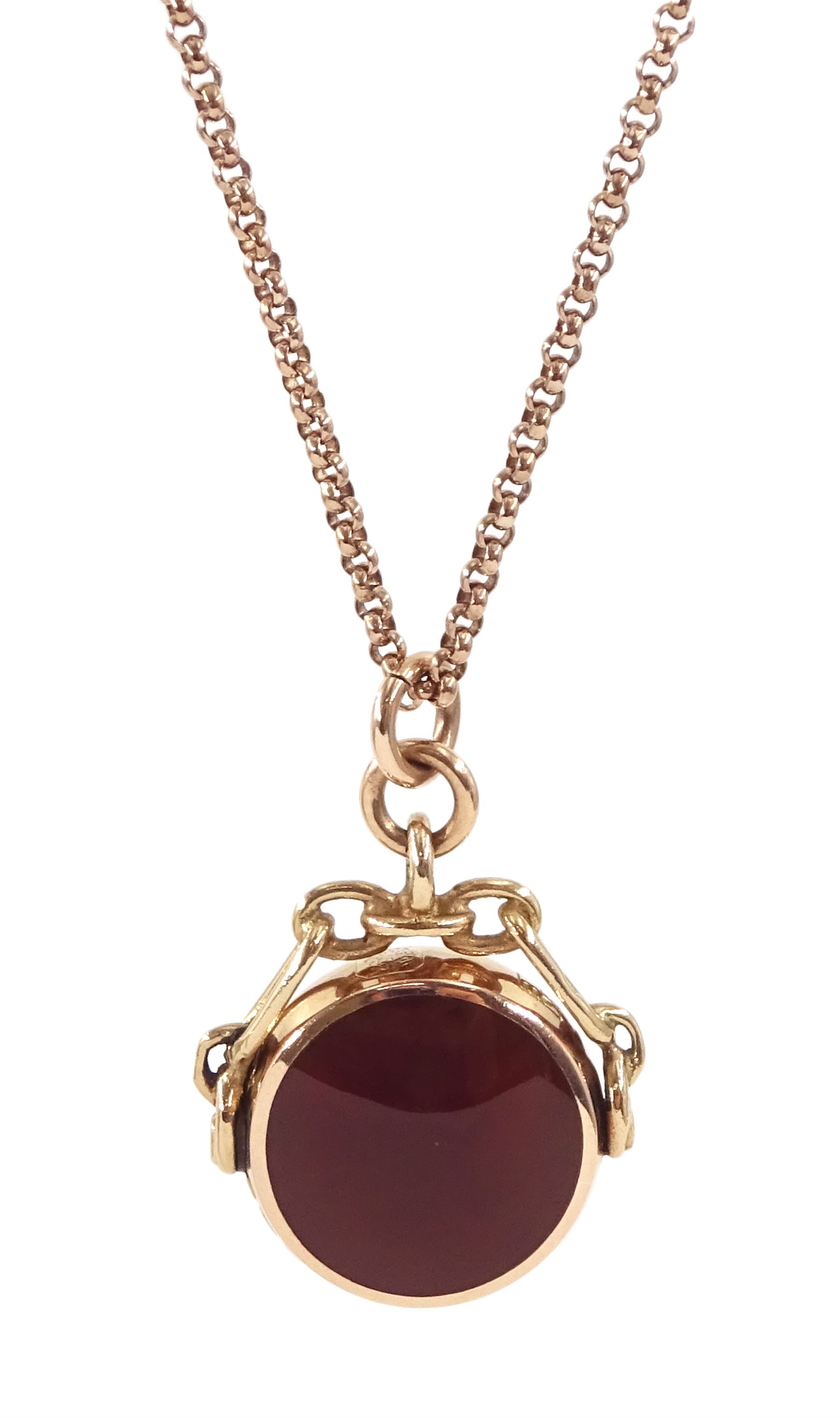 9ct rose gold agate and bloodstone swivel fob by David Scott Walker, Sheffield 1995, on 9ct rose gold belcher link chain necklace, hallmarked
