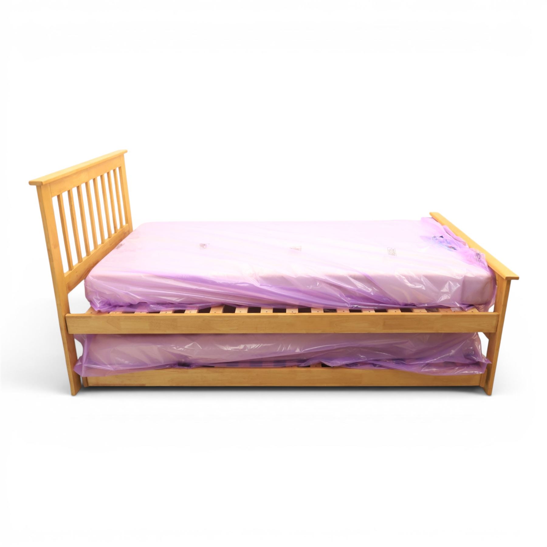 Contemporary light oak trundle bed, slatted headboard and footboard,  incorporating pull-out trundle bed on castors, complete with two memory foam mattresses