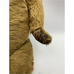 Mid-20th century plush covered teddy bear the revolving head with applied eyes, vertically stitched nose and jointed limbs with rexine pads H58cm; together with a leather backpack (2)