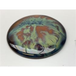 Henry George Murphy (1884-1939), collection of six Arts & Crafts glazed ceramic roundels, of circular form in tones of green, turquoise and brown in soufflé and high fired finishes, D7cm