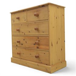Solid pine chest, fitted with two short and three long drawers