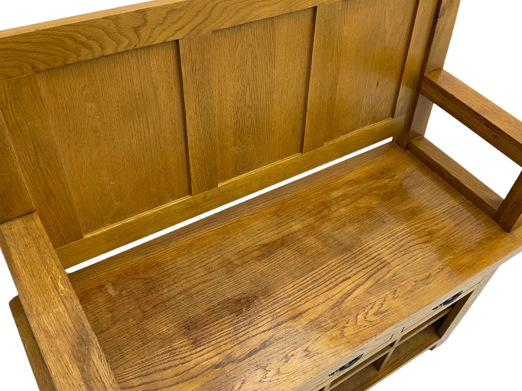 Light oak hall bench, tripled panelled back, fitted with drawers and shoe holes