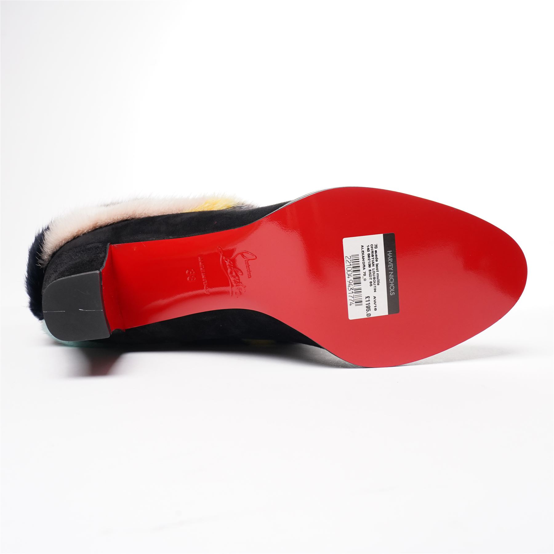 Christian Louboutin - pair of ‘Alexandra’ ankle boots, in black suede and multicoloured mink fur, with signature red lacquered soles, size 38, total boot height 23cm, unused with original box, dust bags and spare heel caps