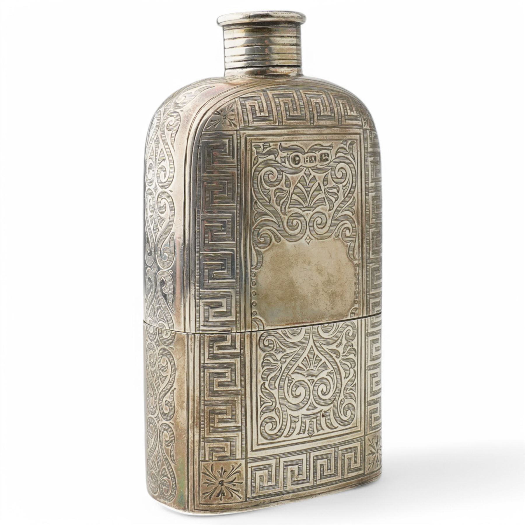 Victorian silver hip flask engraved with scrolls and vacant cartouche within a key pattern border, screw off cap 12cm Birmingham 1862 Maker Henry Hyde Aston