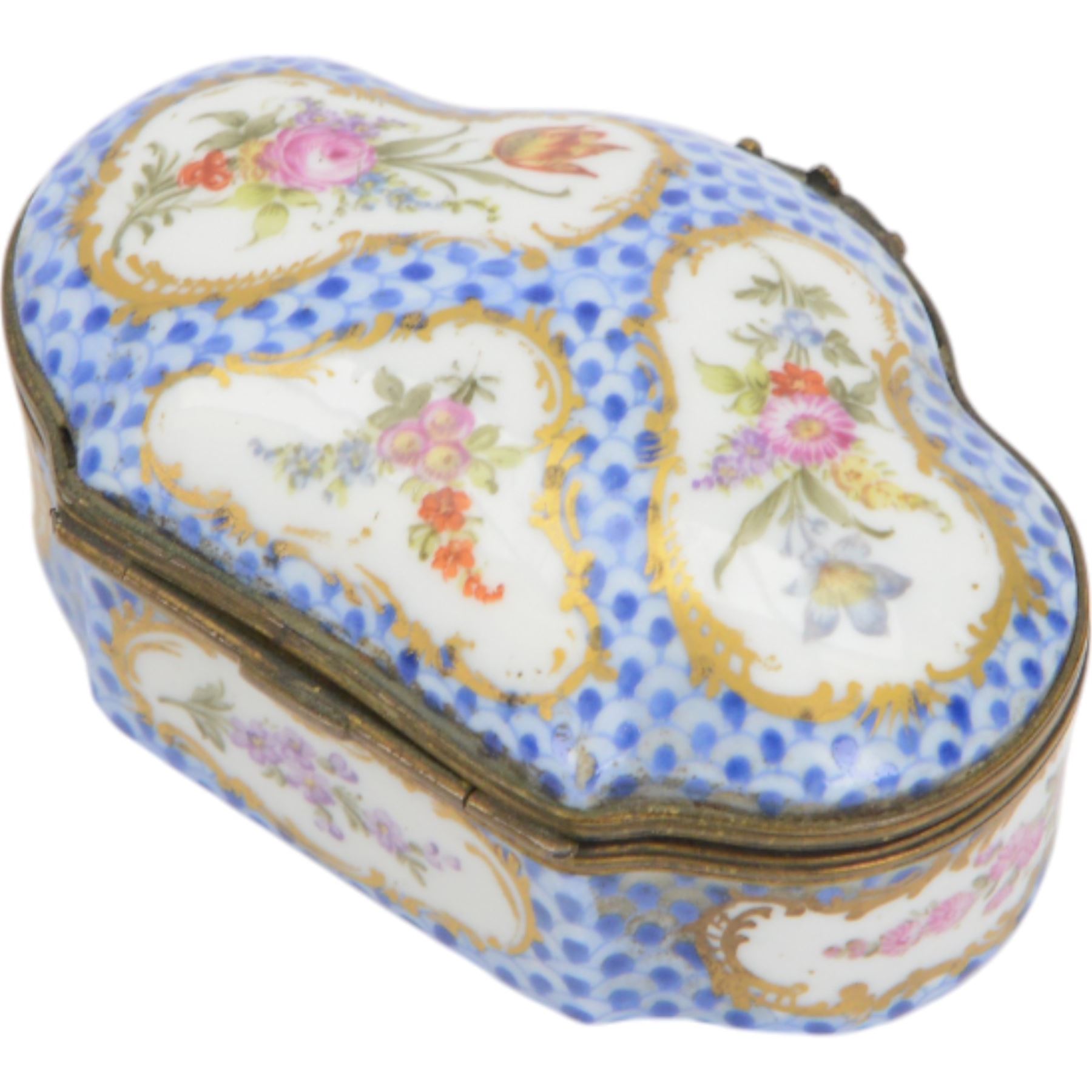 Two 19th century porcelain trinket boxes, comprising blue and white Delft example with courting scene to cover and a Meissen style example, hand painted with floral sprays on a blue scale ground, tallest H4.5cm 