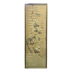 19th century Japanese framed fabric panel, painted with birds amongst trailing flowers, in glazed wooden frame H154cm