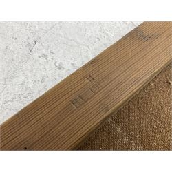 WW1 British casualty stretcher with iron mounted pitch pine sides and canvas base; stamped 'HL1917' and L7 with broad arrow in a triangle L236cm ( reputedly recovered from a barn at Bapaume on The Somme)