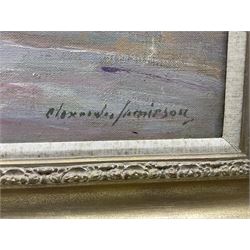 Alexander Jamieson (Scottish 1873-1937): 'Scarborough Castle and Harbour', oil on canvas signed, titled on exhibition label with 'Aylesbury' address label and James Bourlet label verso 70cm x 90cm