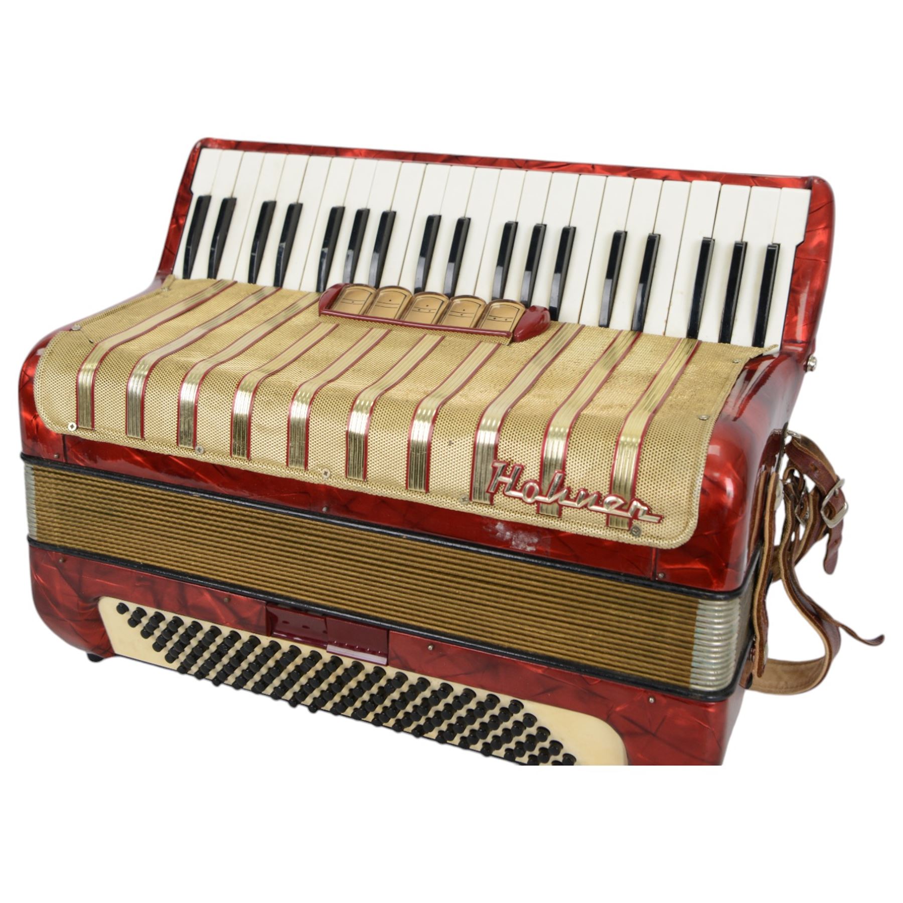 Hohner Chromatic accordion, three octave keyboard with 120 buttons and 16 fold bellows. With carrying case.
