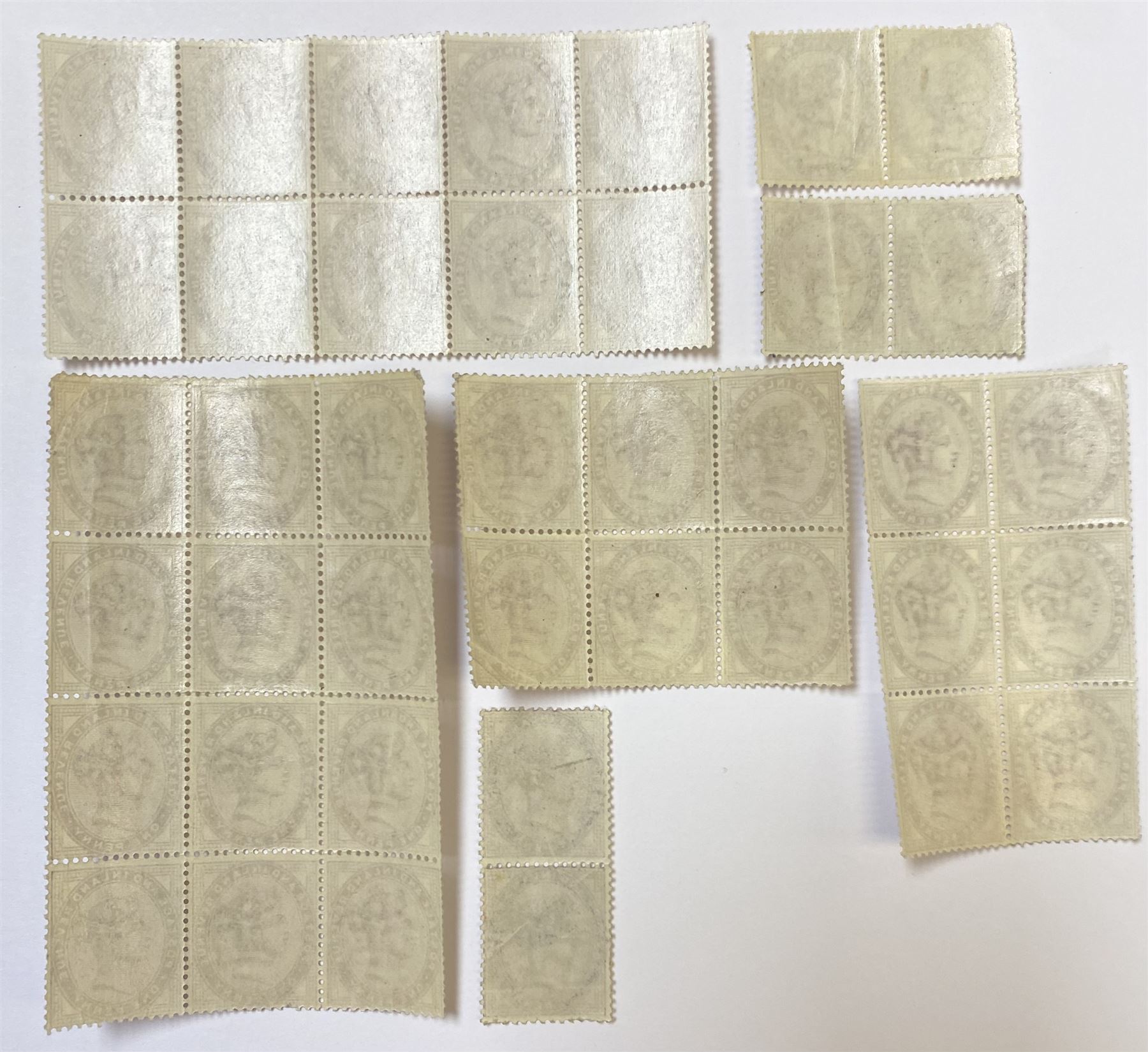 Great Britain Queen Victoria 1881 one penny lilac stamps, comprising horizontal block of ten, vertical block of twelve, horizontal block of six, vertical block of six, two horizontal pairs and a vertical pair, all unused, no obvious signs of having been mounted