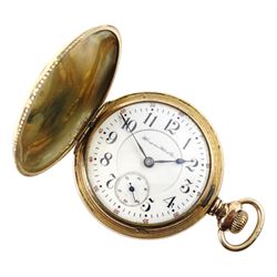American gold-plated full hunter, 21 jewels keyless pocket watch by Hampden Watch Co, No. 1406468, the movement signed 'North American Railway', white enamel dial with Arabic numerals and subsidiary seconds dial, the case front decorated with applied cartouche and coloured flowers, the reverse depicting a stag within a floral wreath
