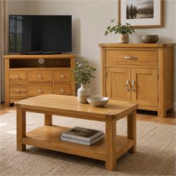 Modern oak living room set comprising; a small side cabinet, corner TV stand and coffee ta...