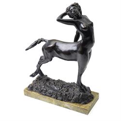 Walter Winans (St Petersburg 1852-1920): The Centauress, bronze model signed and dated 1915 to the naturalistic base, on a rectangular marble plinth, L30.5cm, H42cm

Notes: A finely modelled bronze depicting a rare female centaur, combining classical mythological subject matter with the fluid naturalism characteristic of Winans’ mature work.