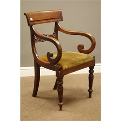  Regency period armchair, carved middle rails, scrolled arms, upholstered seat, turned octagonal legs  