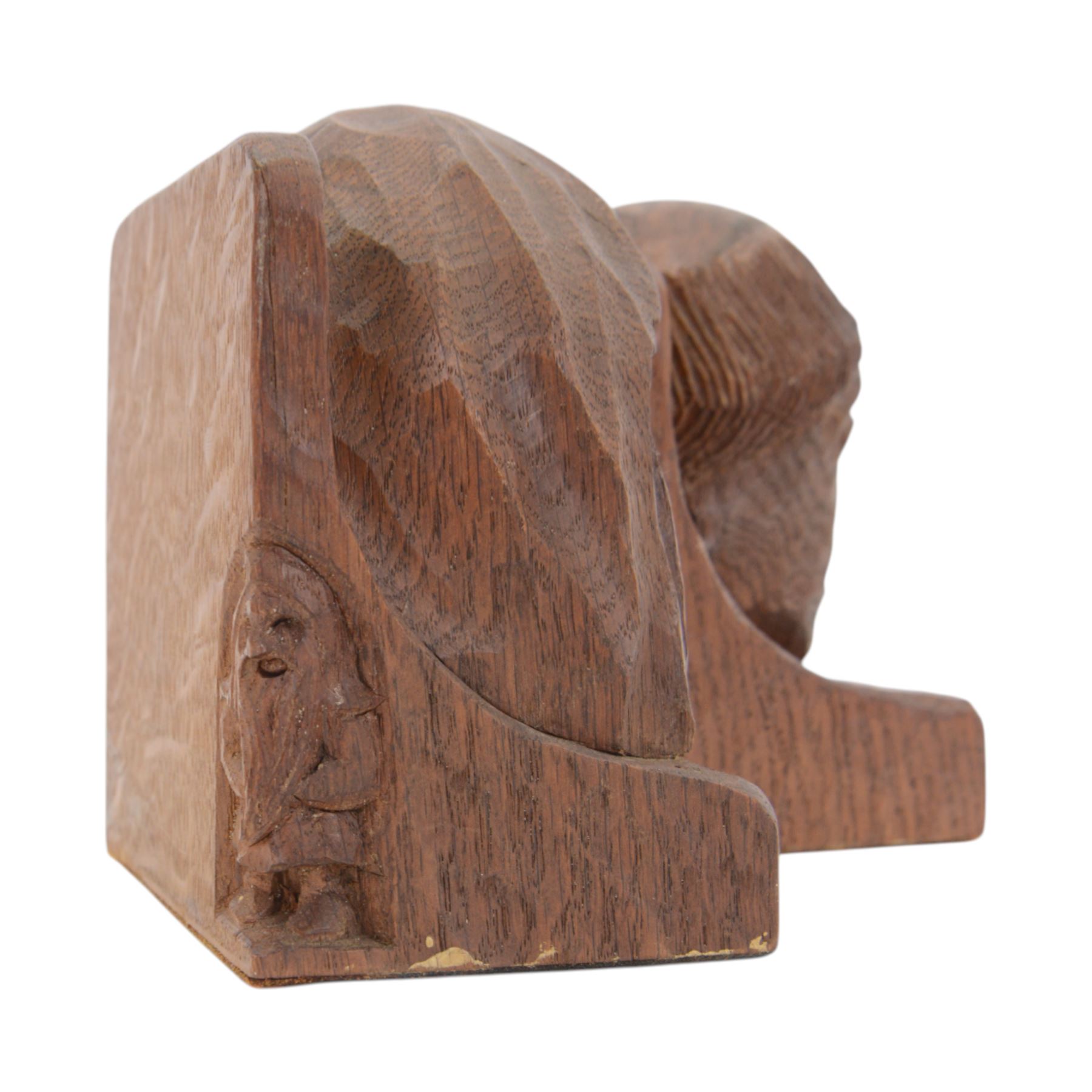 Gnomeman - pair of tooled oak figural bookends, each carved as a friar, with adzed detailing, one example signed to the back with a gnome in relief, by Thomas Whittaker, Littlebeck, each approximately H14.5cm
