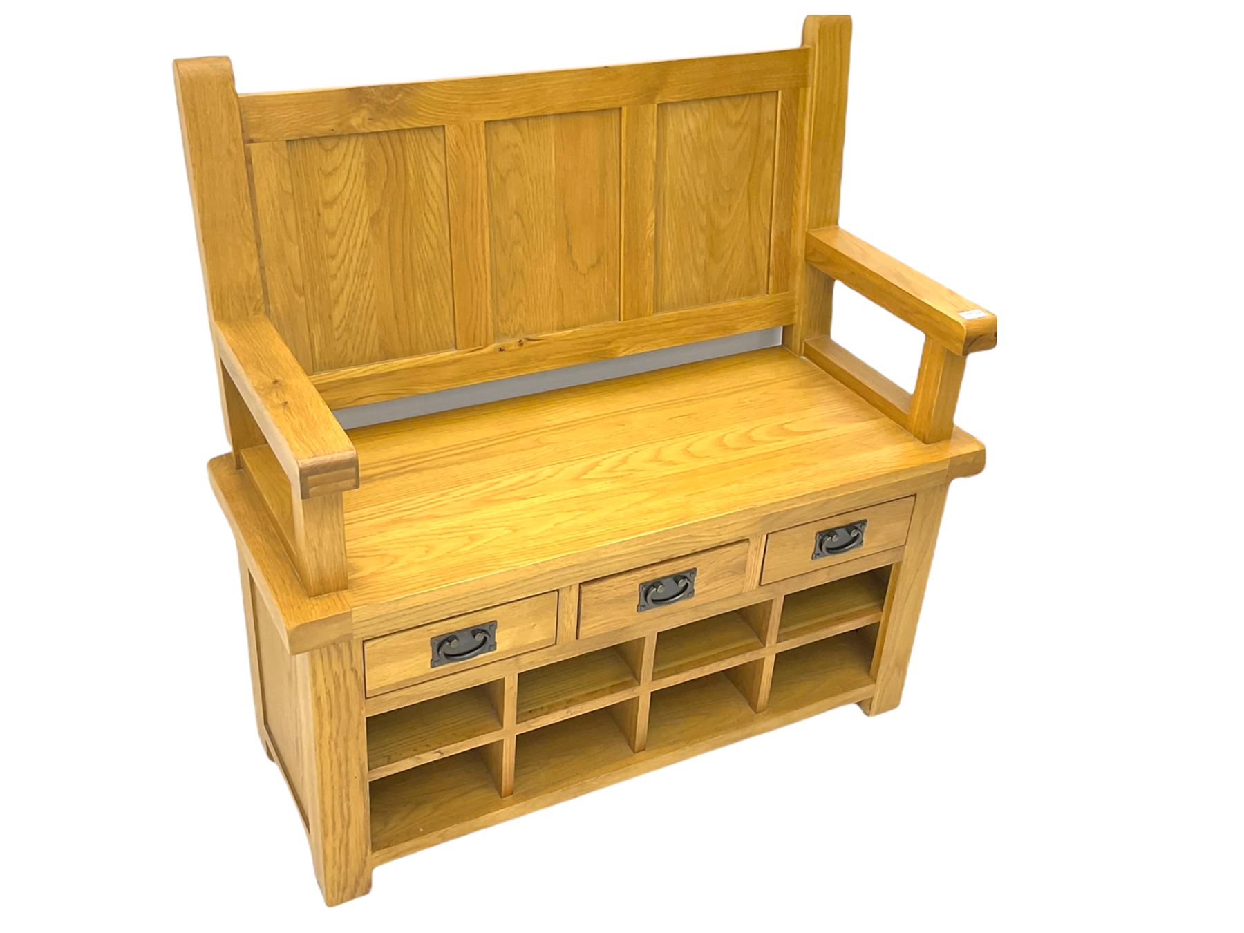 Solid oak Monks bench with drawers and open storage The Furnishings Sale Furniture