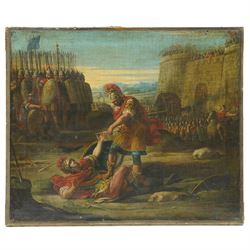 Circle of Pompeo Girolamo Batoni (Italian 1708-1787): 'Venus Presenting Aeneas with Armour' and 'Aeneas slaying Turnus', pair 18th century oils on canvas unsigned 64cm x 76cm (2)
Notes: both paintings depict iconic scenes from Virgil's Aeneid - the former illustrating Book VIII, with Venus descending upon a cloud accompanied by Cupid to present the divine arms forged by Vulcan, as Aeneas and his companions look on. The second depicts the climactic duel from Book XII, with Aeneas poised to deliver the fatal blow to Turnus before the assembled armies.