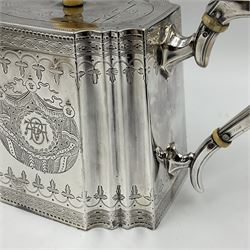 Victorian three-piece silver tea service, comprising teapot, twin handled open sucrier and milk jug, of oval form with shaped rim and C handles, each engraved with crests and bands of strapwork decoration, the milk jug and sucrier with gilt interiors, hallmarked Josiah Williams & Co, Exeter 1881, the teapot with ivory insulators and finial, all contained with a tooled leather, blue silk and velvet lined fitted case, retailed by West & Sun, Dublin 
This item has been registered for sale under Section 10 of the APHA Ivory Act