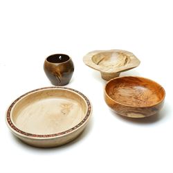 Set of four turned bowls, comprising Sycamore, Yew, Spalted Beech and Laburnam examples, t...