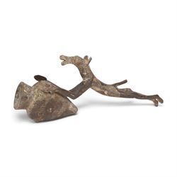 Early anthropometric bronze, possibly African, modelled as a dog holding urn, L20cm