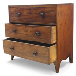 Early 19th century mahogany secretaire chest, the rectangular top over a fall-front fitted with pigeonholes and small drawers, above two long drawers with turned wooden knobs, upon swept bracket feet