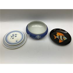 Two Royal Crown Derby pattern Imari soup bowls, pattern 2451, Belleek Fermanagh Ireland four piece set in green shamrock pattern, Royal Doulton small lady figure, Marie HN1370, large Wedgwood fruit bowl, Sylvac jardiniere in autumn leaves pattern, five pieces Co-operative Society commemorative ceramics, with selection of other ceramics. 