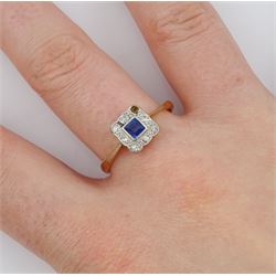Early 20th century square cut sapphire and old cut diamond cluster ring, stamped 18ct