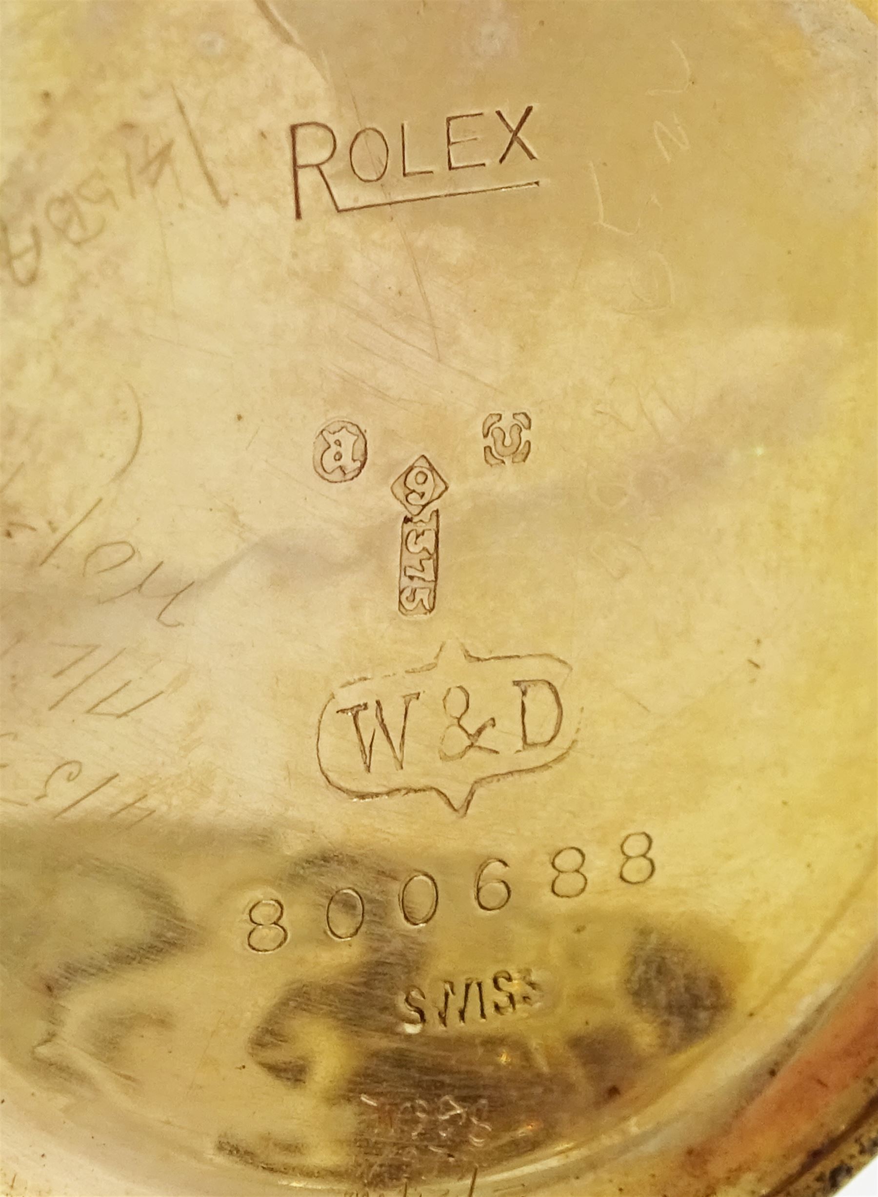 Rolex early 20th century 9ct rose gold manual wind wristwatch, white enamel dial with Arabic hour markers, London import mark 1916