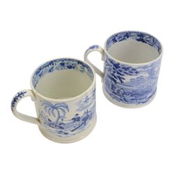 Two large 19th century blue and white transfer decorated pearlware mugs, the first example depicting a Chinese landscape with pagoda, and figures at rest and play, the second a pastoral landscape with shepherd and goats by waters edge, each approximately H12.5cm
