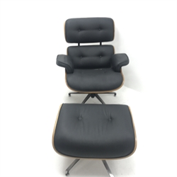 Eames style swivel chair upholstered in black fabric, five supports (W82cm) with matching footstool