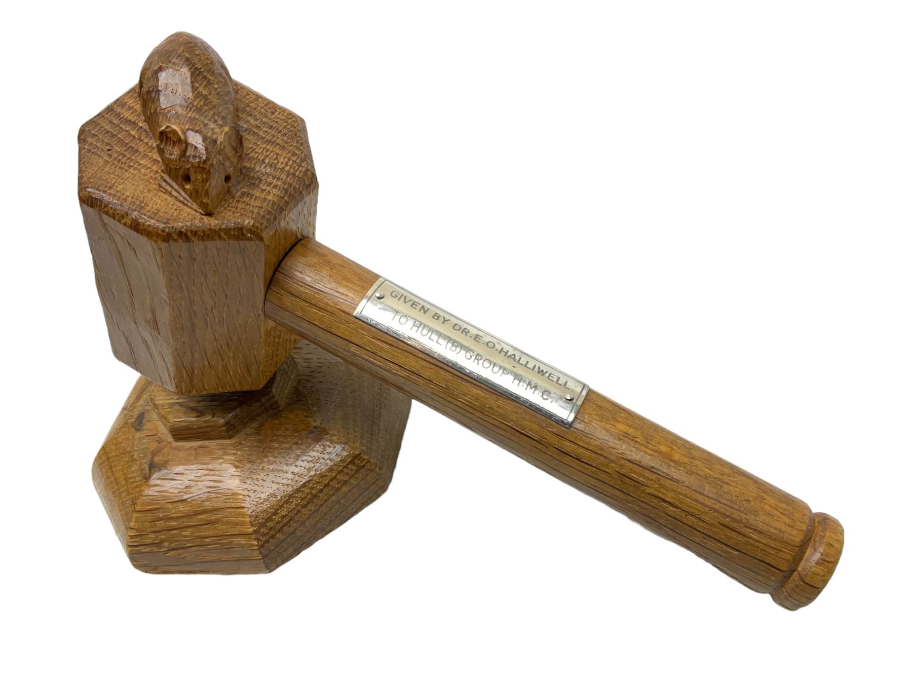 Mouseman - oak gavel and block, the octagonal head with carved mouse signature, the block of octagonal stepped form with baize lined underside, by the workshop of Robert Thompson, Kilburn, L17.5cm