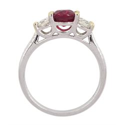 18ct white gold three stone ruby and round brilliant cut diamond ring, hallmarked, ruby approx 1.00 carat, total diamond weight approx 0.50 carat