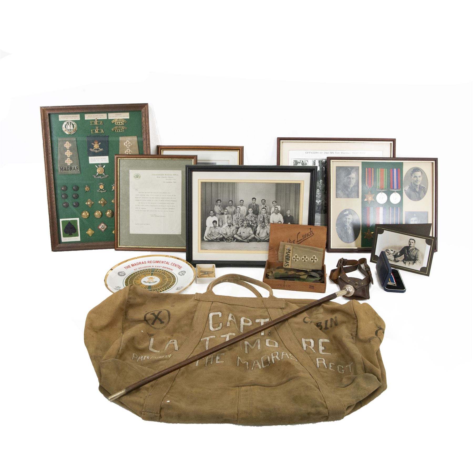 Six medals; Burma Star, Defence Medal, War Medal, 1939-45 Star, General Service Cross and National Service Medal, awarded to Captain Albert Edward Lattimore 2nd para Battalion the 3rd Madras Regiment, Indian Army, together with insignias other items relating to Madras Regiment, photographs and ephemera