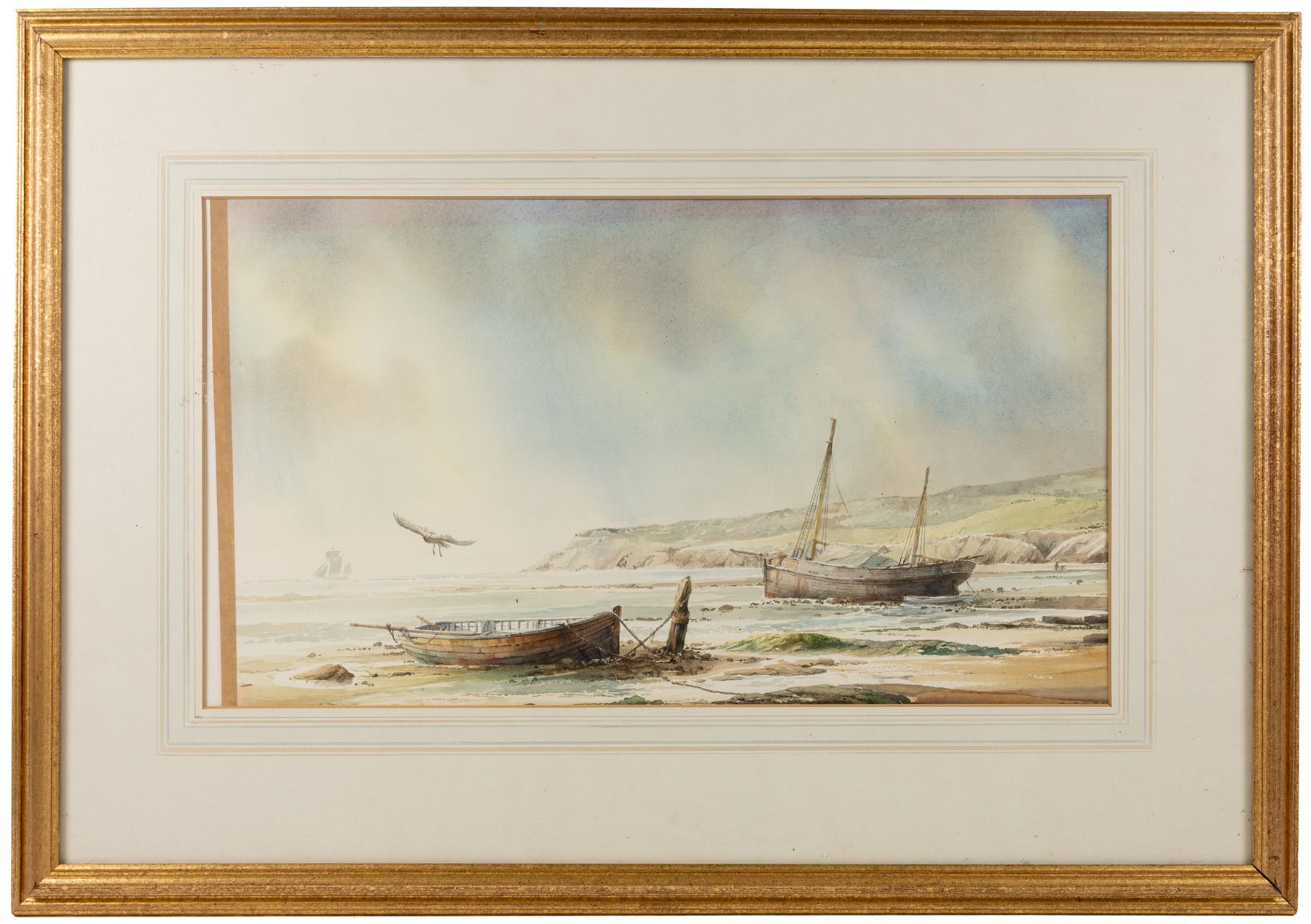 David C Bell (British 1950-): Two Boats Moored on Robin Hood's Bay, watercolour signed 34cm x 61cm