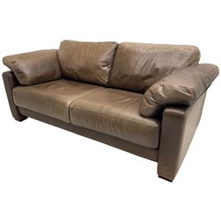 Heals - contemporary two seat 'Palermo' sofa, upholstered in chocolate brown leather, raised on wooden block feet