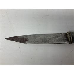 Burmese dha dagger with 15cm steel blade, white metal ferrule and horn handle, in white metal and filigree scabbard L30.5cm; a Burmese long bladed knife with horn handle and brass mounted teak scabbard; and another Eastern dagger in sheath (3)