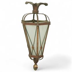 19th century Neoclassical wrought metal and glazed hanging lantern, the hook surrounded by...
