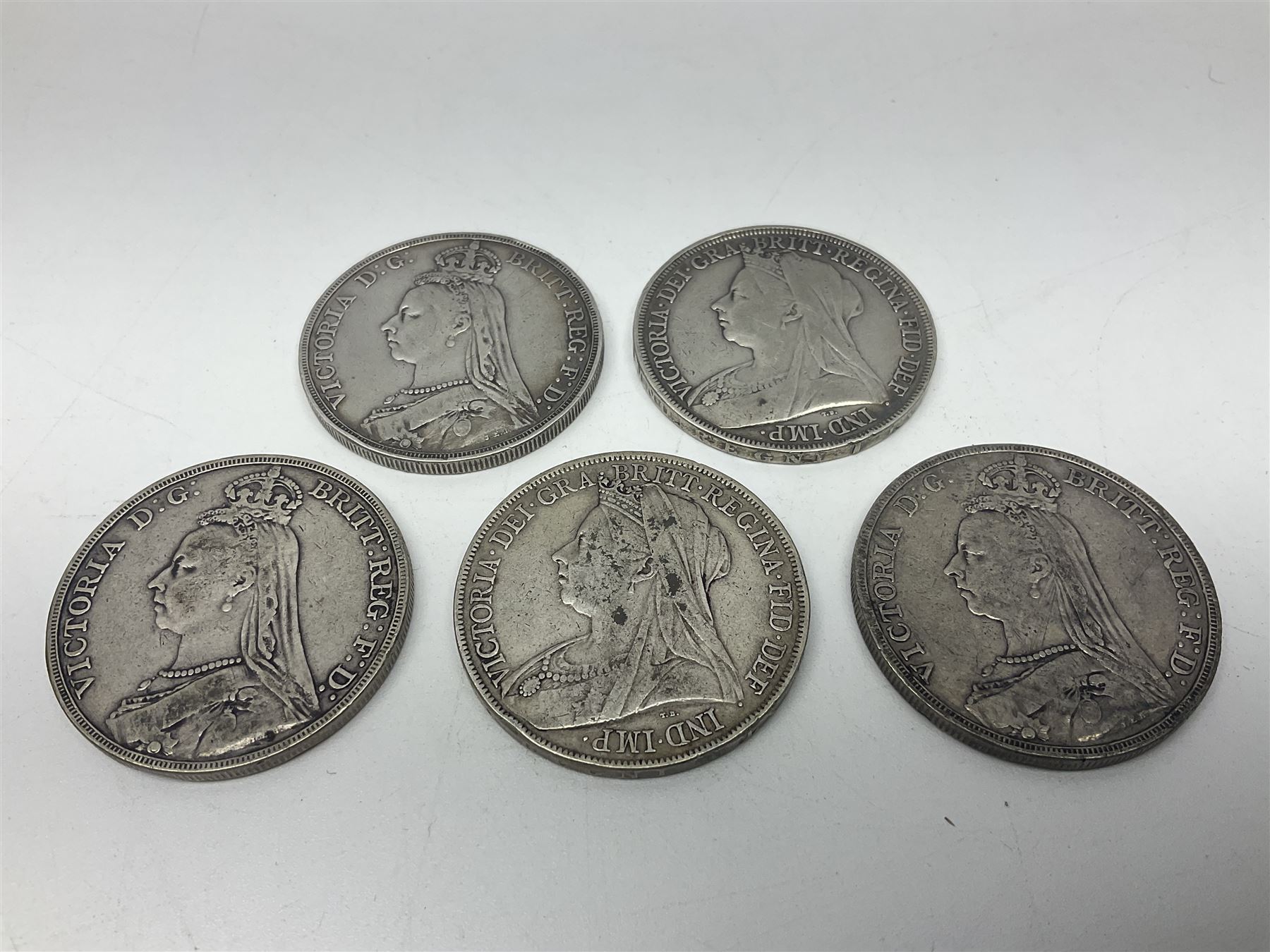 Five Queen Victoria crown coins, dated three 1889, 1897 and 1900 (5)