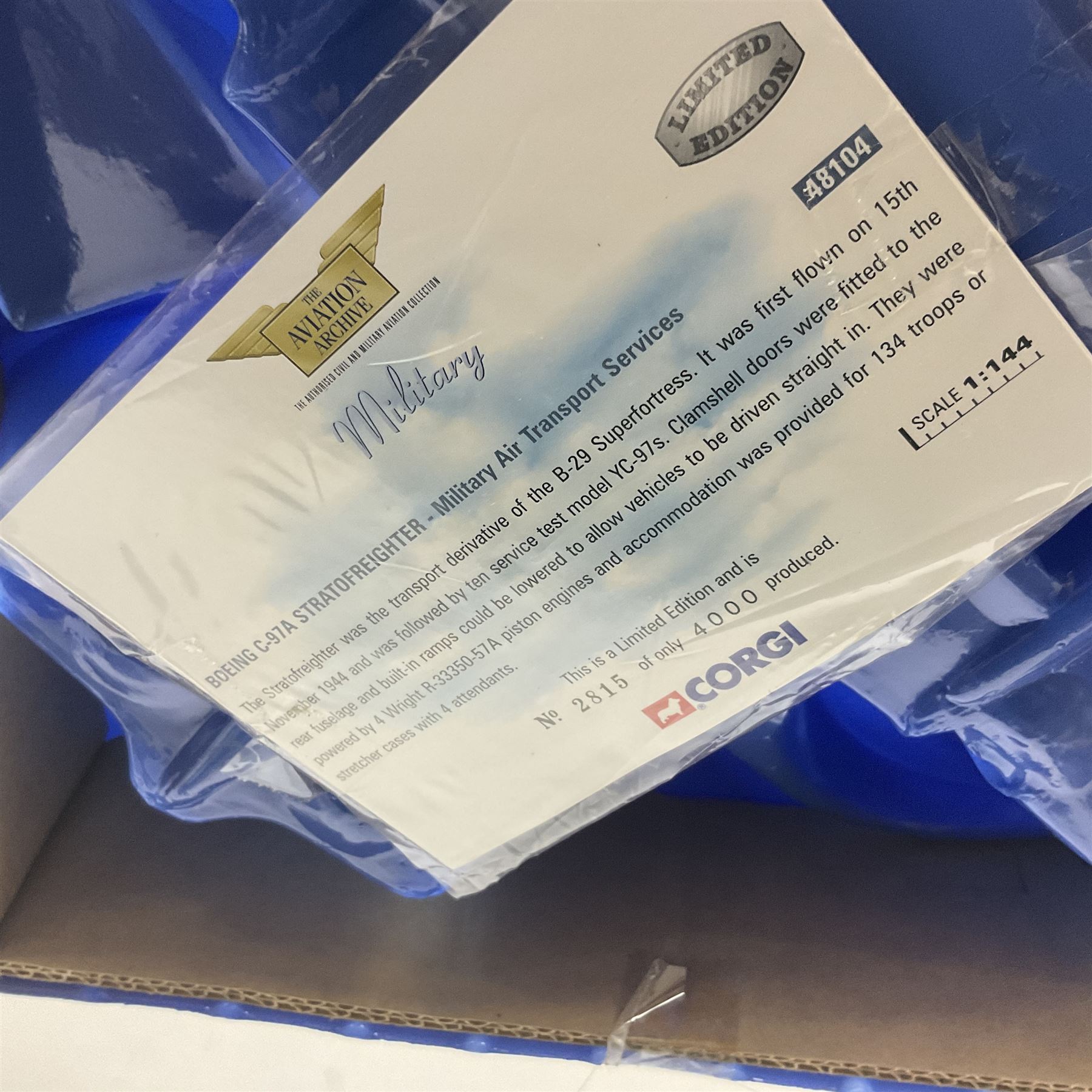 Corgi - Aviation Archive, eight models comprising three ‘Military’ and five ‘Berlin Airlift’ 1:144 scale models, to include limited editions AA31502 Bristol Britannia 312F ‘XX-367’ ‘Team Spirit’ A&AEE Boscombe Down no.686/2500; 48104 Boeing C-97A Stratofreighter Military Air Transport Services no.2815/4000; 47205 Avro York - RAF; 47403 Avro Lancastrian; all boxed (8)