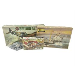 Three unmade construction kits - Airfix 1:24 scale Supermarine Spitfire Mk.1A; predominantly in unopened factory packaging with instructions and decal sheet; Frog Shell Welder with instructions; and Airfix Battle of Waterloo Farmhouse (instructions on box base); all boxed (3)