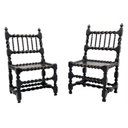 Unusual pair late 17th century oak spindle-back chairs, barley twist or spiral turned throughout, the back with a row of six vertical turned spindles, the supports joined by two lower rails and front central rail, plank seats

Provenance - The chairs illustrated in 'Early British Chairs and Seats 1500-1700' by Tobias Jellinek (Pub: Antique Collectors Club. 2009. p 313). Previous part of a private collection. Vendor purchased from auction 2014.

Measurements - seat width - 48cm, seat height - 38cm/36cm, depth - 50cm, total height - 85cm/82cm