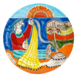 Giovanni DeSimone - two hand-painted mid-century plates, each incised and polychrome enamelled, signed to the front , larger plate D25cm