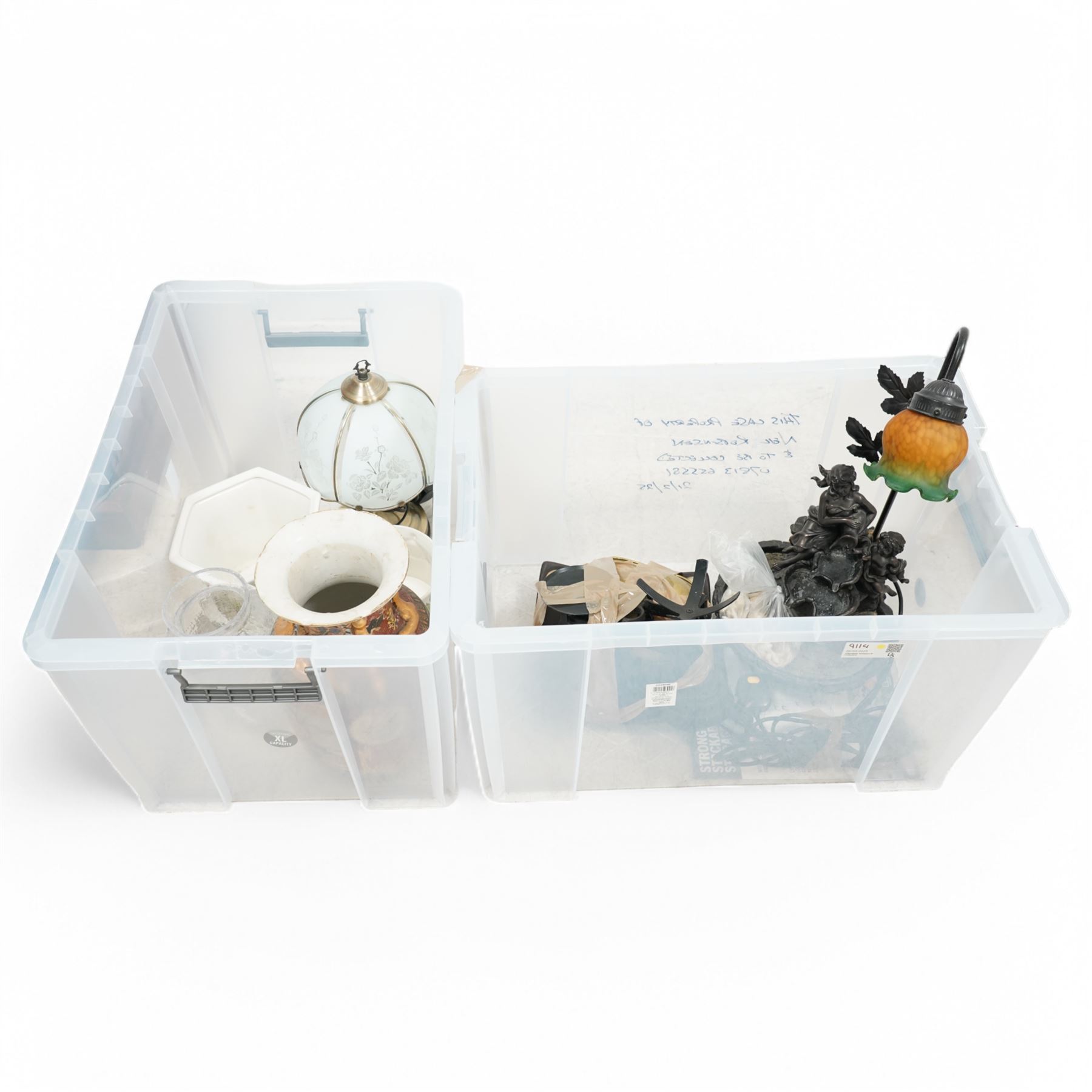 Lomonosov Russia Porcelain Wine Decanter in Red Firebird pattern, Staffordshire ironstone planter, meat plate, Leonardos figures and other mixed ceramics and smalls, contents between four boxes