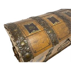 19th century painted oak sea chest, hinged dome top enclosing small compartment, bound by shaped and pressed metal strapwork, scumbled finish to resemble oak and painted with small vignettes depicting portraits and landscapes within panels, fitted with large wrought metal carrying handles, the front inscribed 'H.J.S. 1870' 