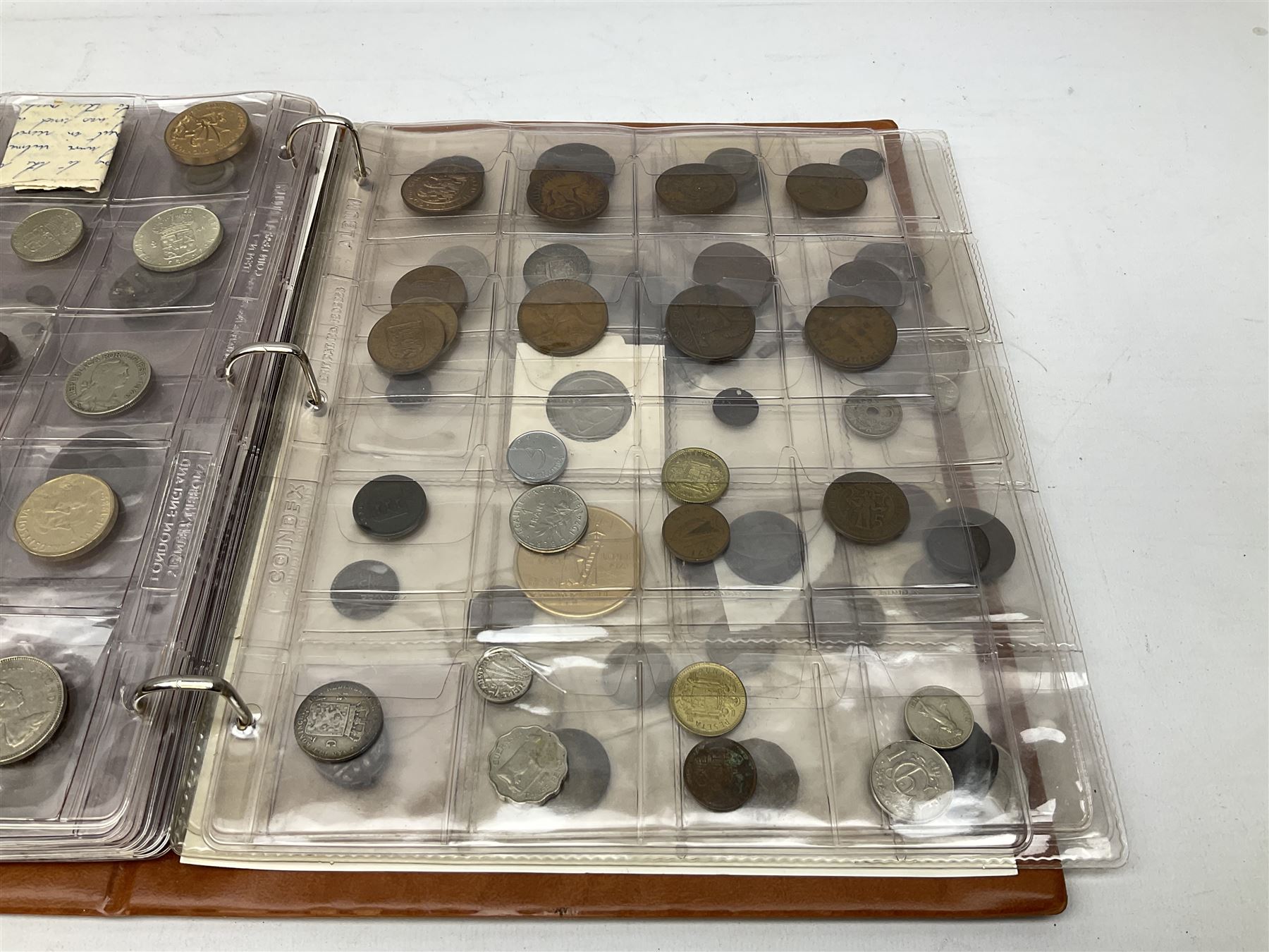 World coins and related items, including Maria Theresa restrike thaler, German silver five deutschmark coins, Sudan 20 piastres, Netherlands 1848 1/2 guilder, United States of America 1964 half dollar etc, small number of fantasy/replica coins etc, housed in a ring binder album 