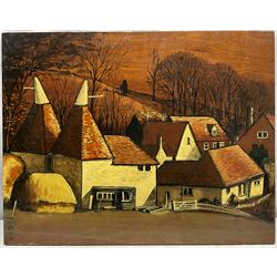 English School (Mid 20th century): Kentish Oast House, oil on panel with carved outlines signed with monogram 46cm x 59cm