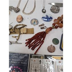 9ct gold clip, silver jewellery including Wedgwood Jasperware pendant necklace, brooch, fringe necklace etc, together with a Wedgwood Jasperware brooch, Tissot and an Elco gentlemans wristwatch, and a collection of costume jewellery
