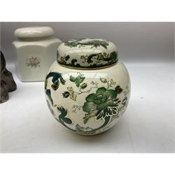 Beswick model of a seated bulldog, model no. 1872, Beswick Laurel & Hardy cruet set on stand, no. 575, Melba Ware animal figures to include large horse, hippo, rhino, USSR tiger cub figure, other ceramics to include Mason's lidded jar etc